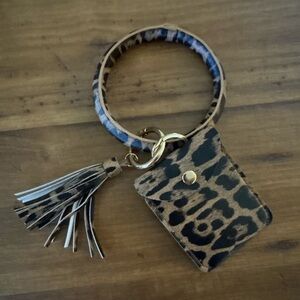 Leopard Print Keychain Card Holder Bangle Bracelet with Tassel